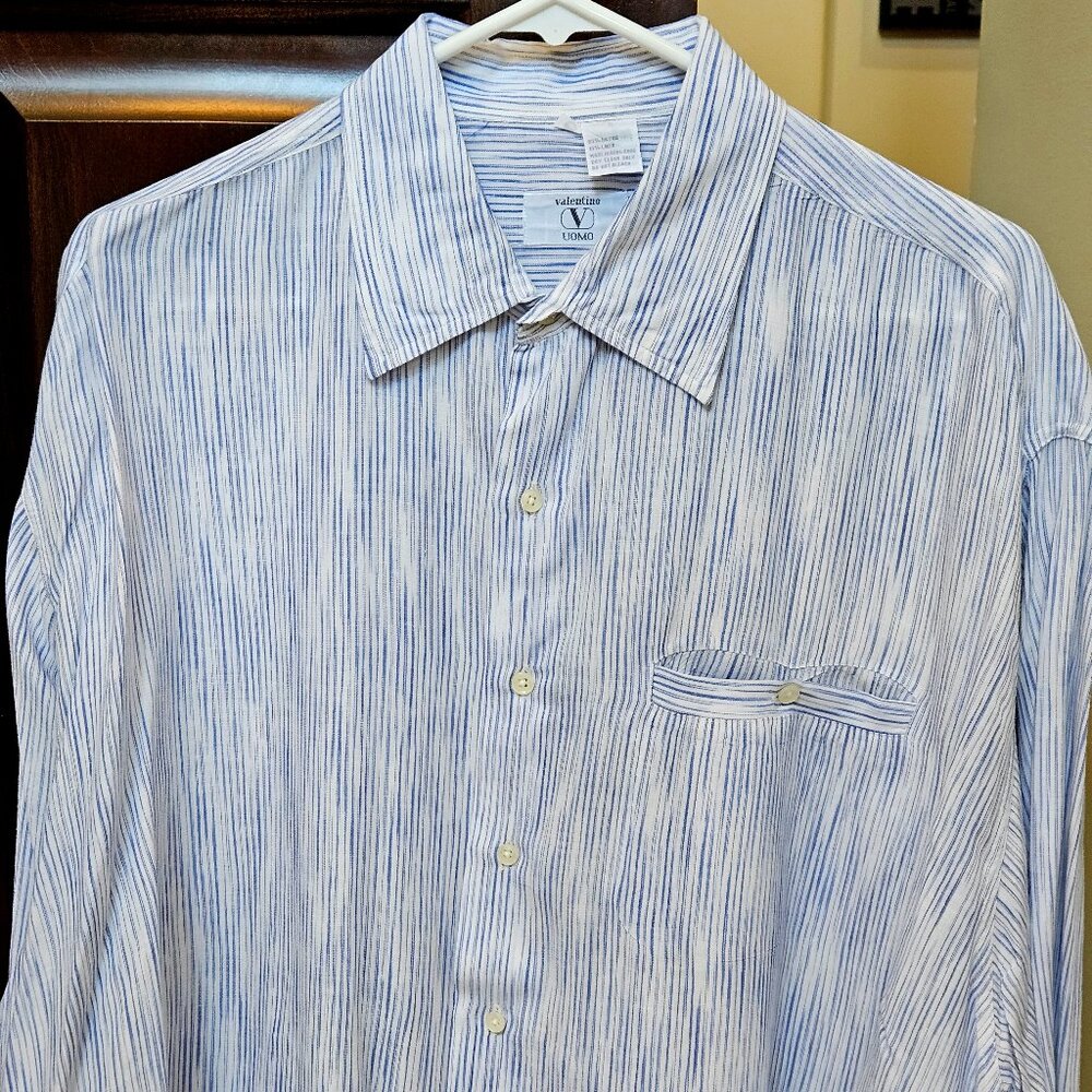 Vintage Valentino Men's Lightweight Summer Shirt, White/Blue, Sz XL